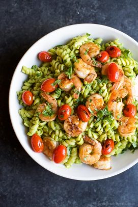 Image of Chimichurri Avocado Pasta with Pan Seared Shrimp