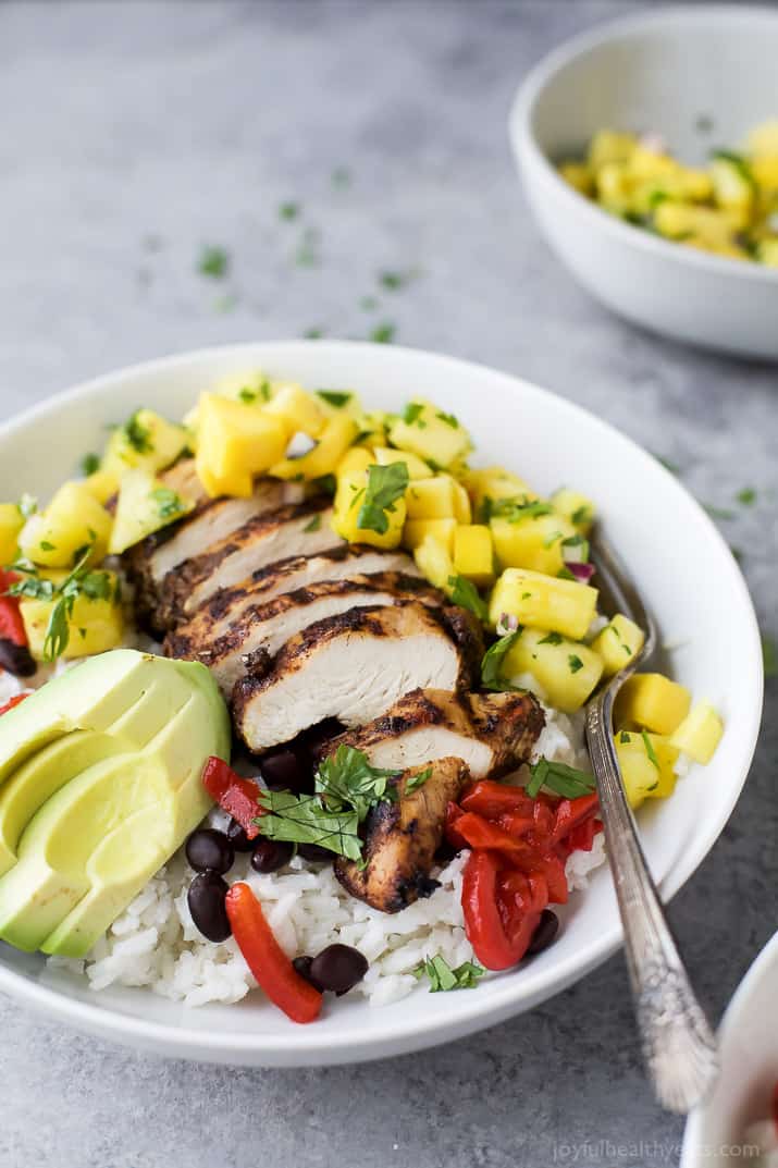 Close-up Image of a Jerk Chicken Bowl with Mango Pineapple Salsa