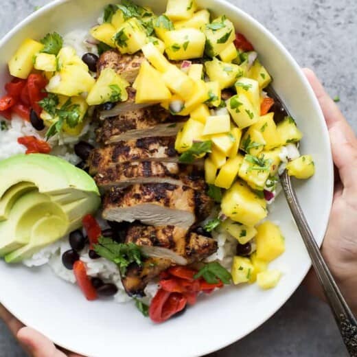 Image of a Jerk Chicken Bowl with Mango Pineapple Salsa