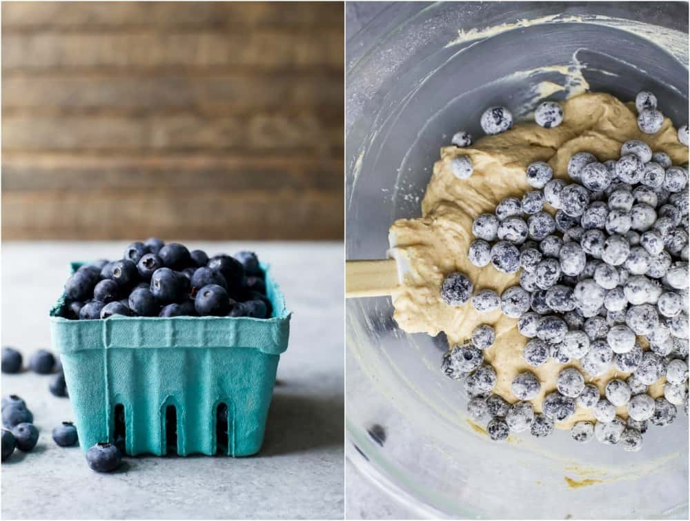 A collage of two images with one showing a carton of fresh berries and the other showing the flour-coated berries being folded into the batter