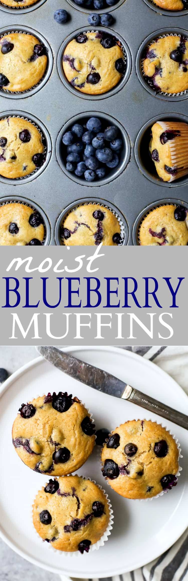 A collage of two images of blueberry muffins with one showing them on a plate and the other showing them in the pan