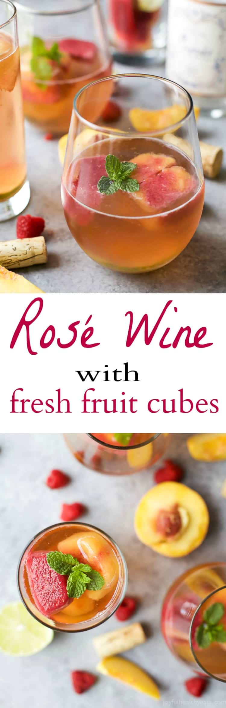 Rosé Wine with Homemade Fresh Fruit Cubes made with raspberries and peach - a perfect refreshing cocktail for the summer!