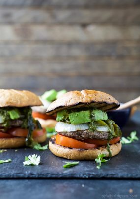 Zesty Chimichurri Burgers topped with creamy avocado and roasted poblanos are the perfect bold flavored burger for the summer!