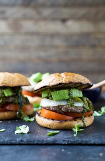 Zesty Chimichurri Burgers topped with creamy avocado and roasted poblanos are the perfect bold flavored burger for the summer!