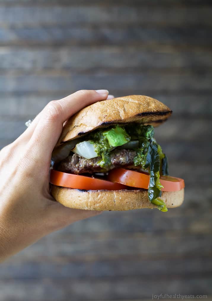 Zesty Chimichurri Burgers topped with creamy avocado and roasted poblanos are the perfect bold flavored burger for the summer!