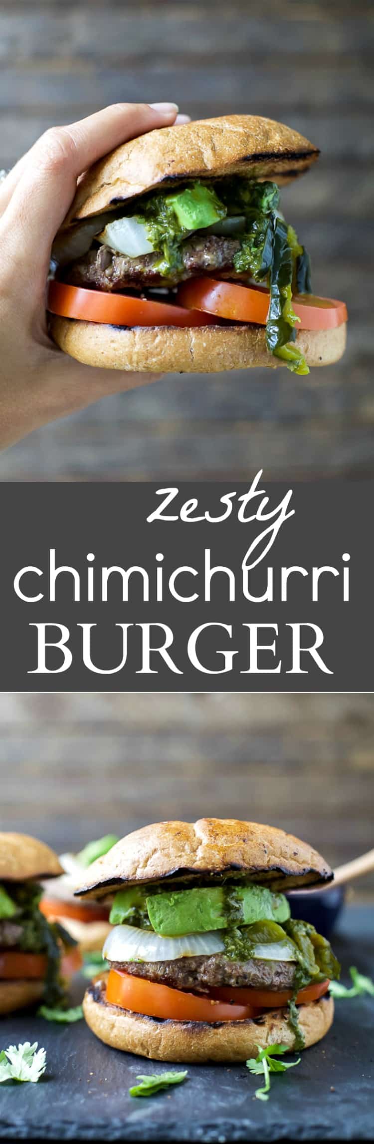 Zesty Chimichurri Burgers topped with creamy avocado and roasted poblanos are the perfect bold flavored burger for the summer!