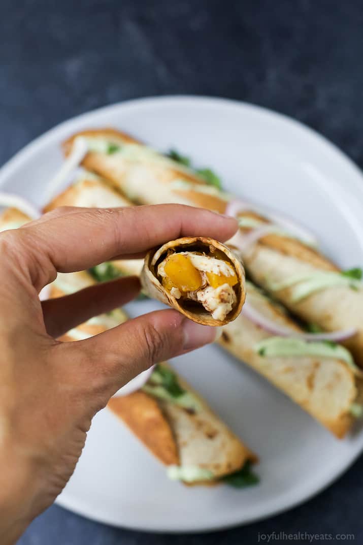 A plate of butternut squash chicken taquitos and one bitten taquito in a hand