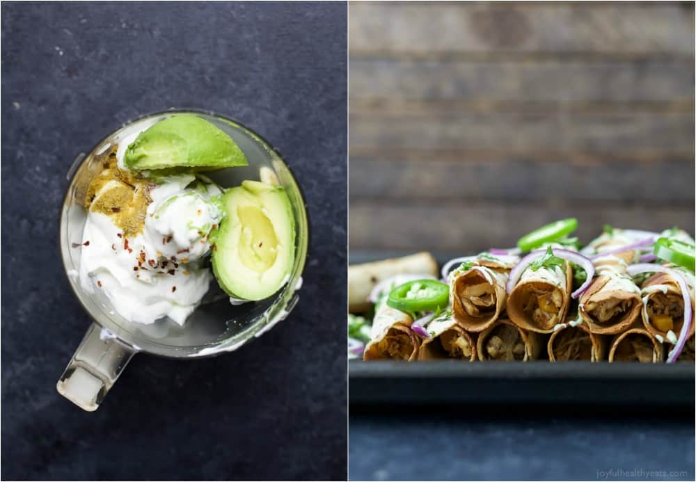 Top view of avocado crema ingredients in a food processor bowl and side view of a plate of taquitos topped with sliced jalapeno and red onion