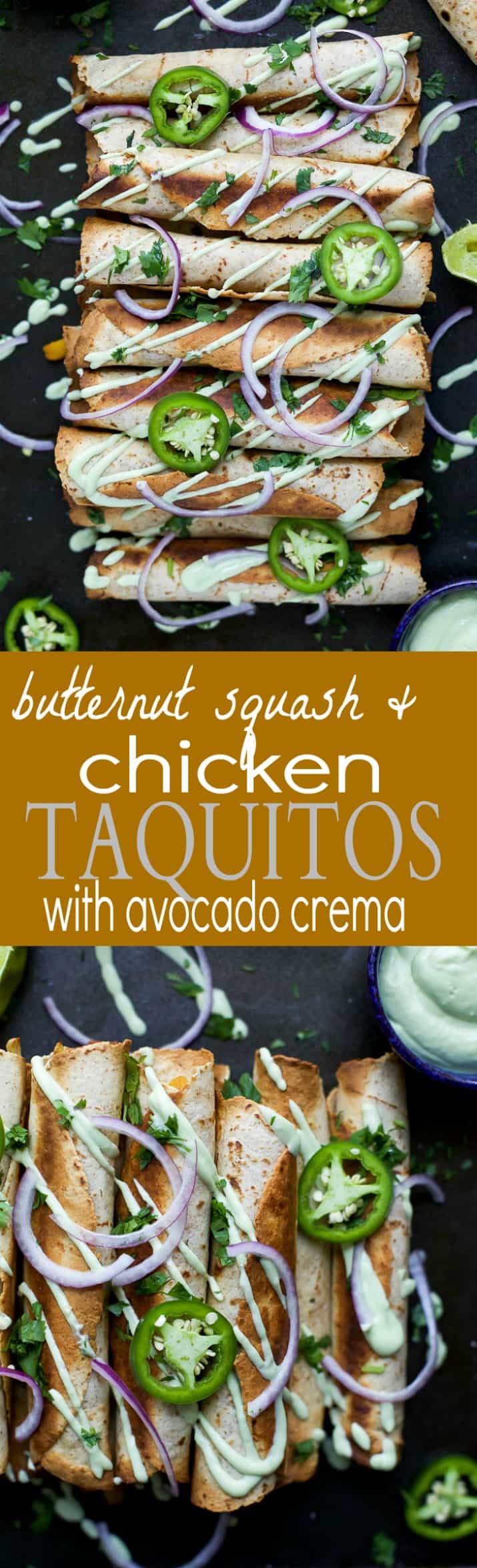 Cheesy Butternut Squash Chicken Taquitos drizzled with an Avocado Crema and garnished with sliced jalapeno and red onion with recipe title text for Butternut Squash and Chicken Taquitos with Avocado Crema