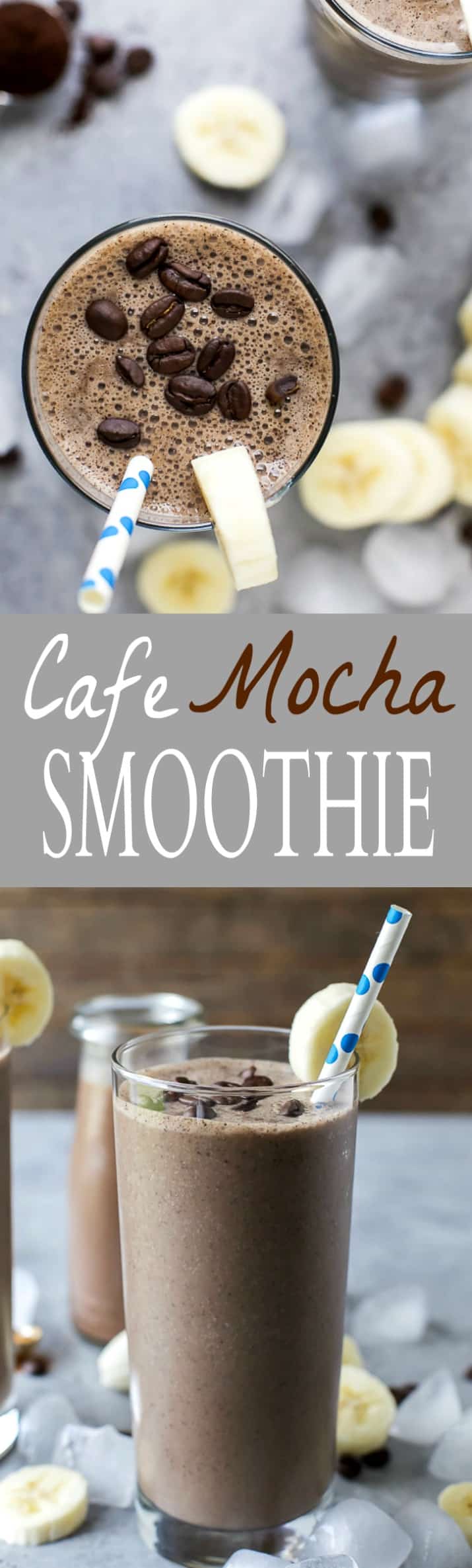 Collage of two images of Cafe Mocha Smoothie and recipe title text