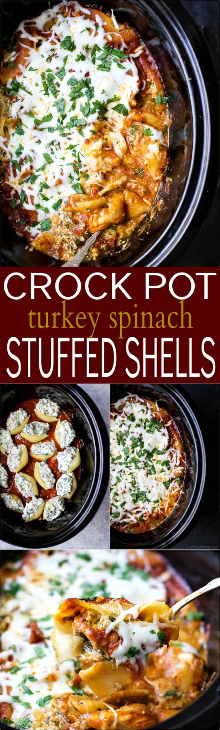 Crock Pot Turkey Spinach Stuffed Shells recipe collage