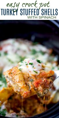pinterest image for crock pot stuffed shells with spinach