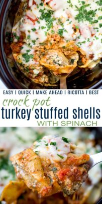 pinterest image for crock pot stuffed shells with spinach