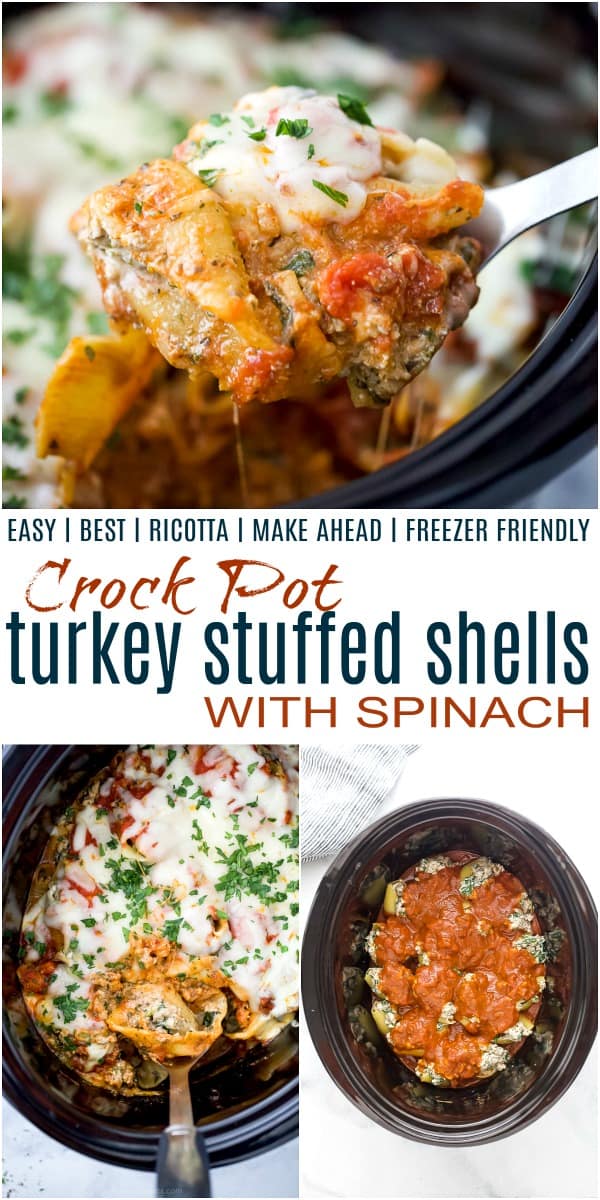 Pinterest collage for crock pot turkey stuffed shells with spinach recipe