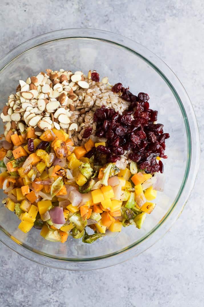 Top view of ingredients for Harvest Butternut Squash Farro Salad in a mixing bowl