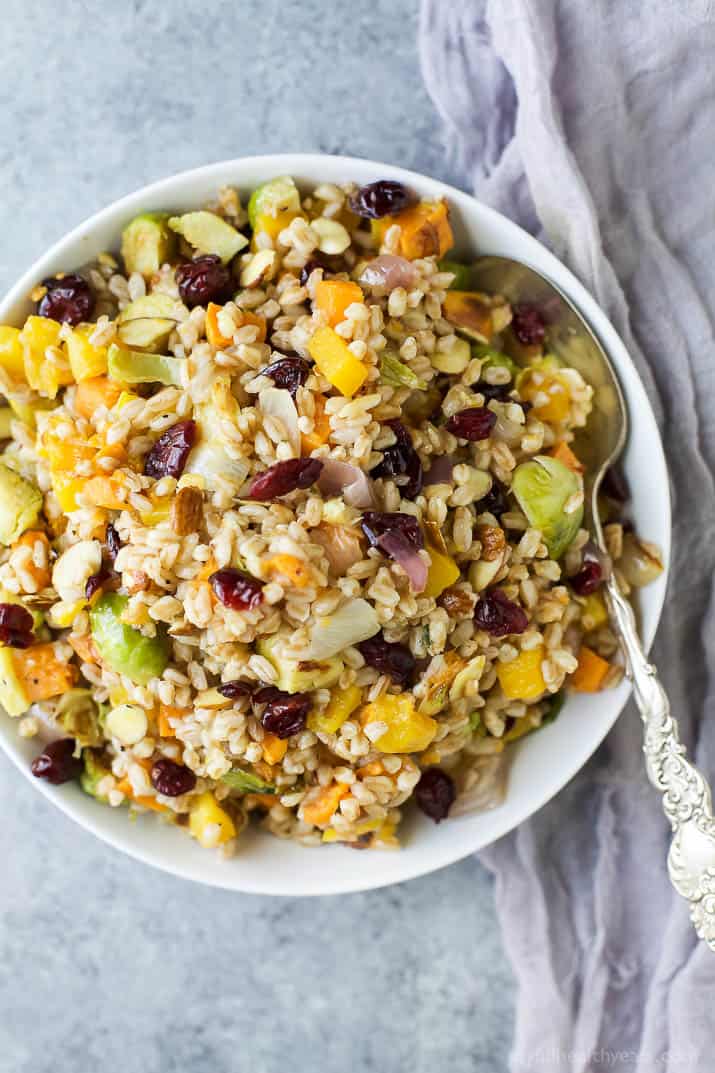 Top view of A bowl of Harvest Butternut Squash Farro Salad with roasted fall vegetables, grains, and dried cranberries