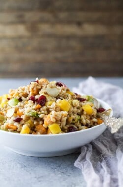 Harvest Butternut Squash Farro Salad filled with roasted fall vegetables, super grains, dry cranberries and tossed with a simple vinaigrette. A perfect healthy side dish for the fall!