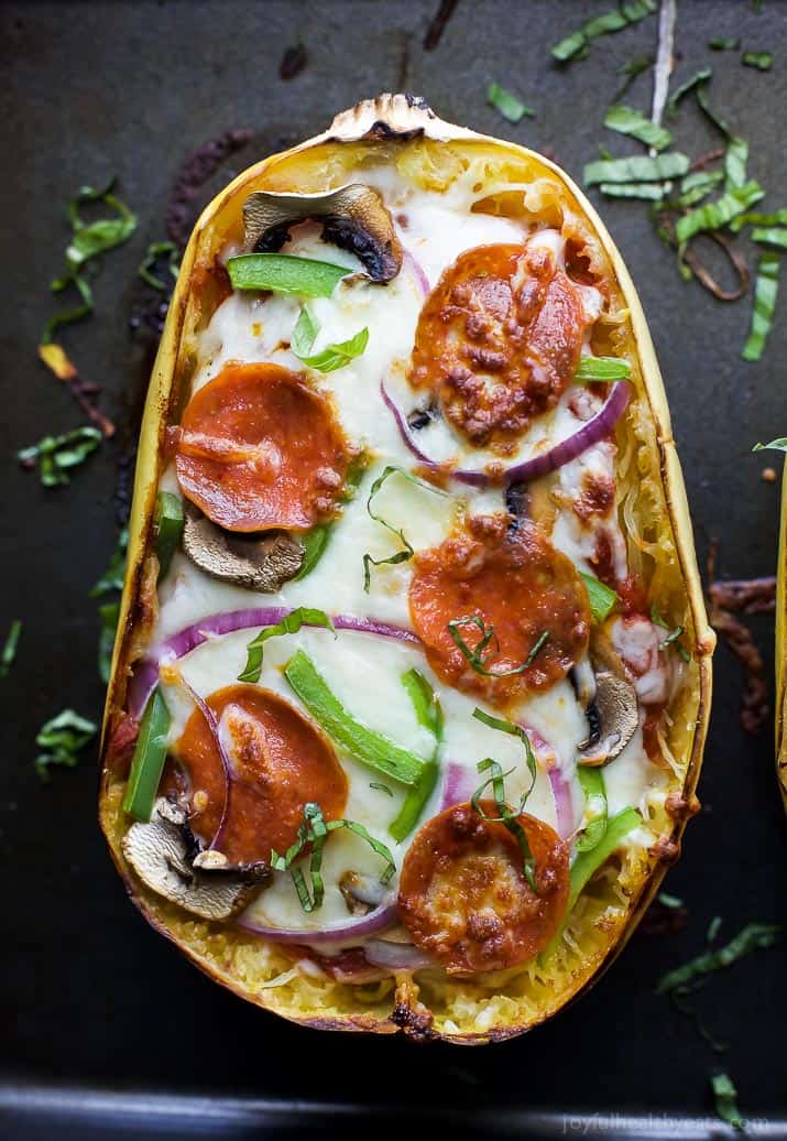 Supreme Pizza Stuffed Spaghetti Squash - the perfect comfort food recipe only 193 calories per serving and loaded with flavor! Pizza never tasted so good AND guilt free! #ad