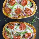 Supreme Pizza Stuffed Spaghetti Squash - the perfect comfort food recipe only 193 calories per serving and loaded with flavor! Pizza never tasted so good AND guilt free! #ad