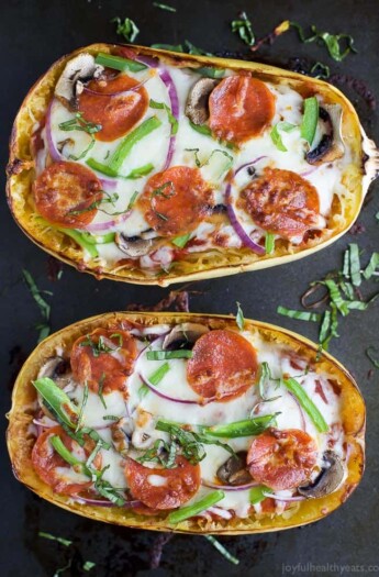 Supreme Pizza Stuffed Spaghetti Squash - the perfect comfort food recipe only 193 calories per serving and loaded with flavor! Pizza never tasted so good AND guilt free! #ad