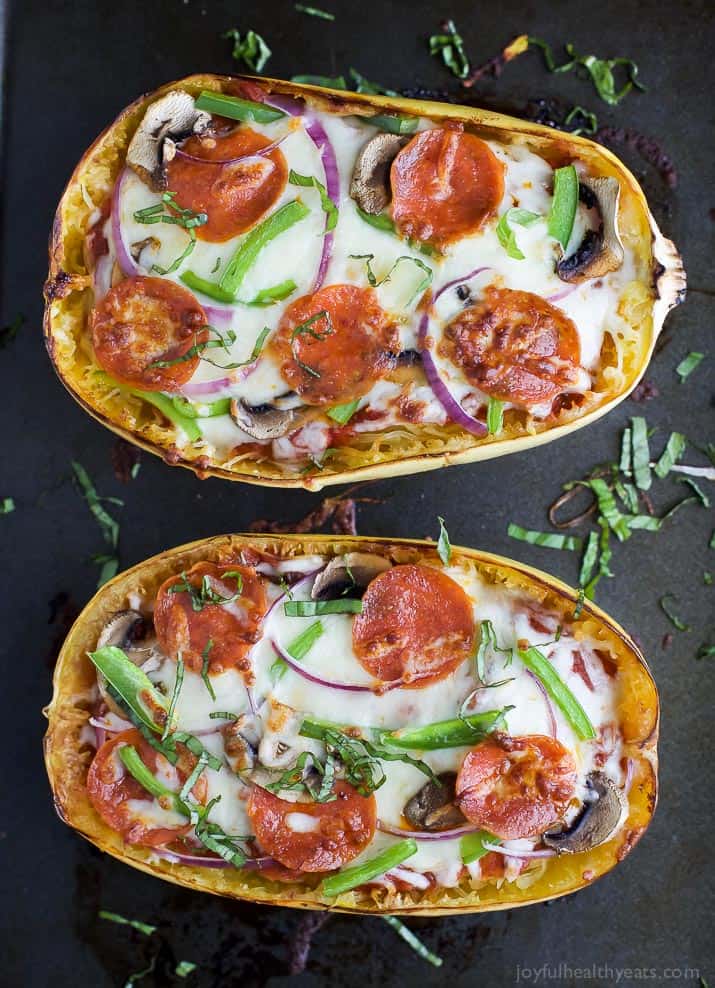 Supreme Pizza Stuffed Spaghetti Squash - the perfect comfort food recipe only 193 calories per serving and loaded with flavor! Pizza never tasted so good AND guilt free! #ad