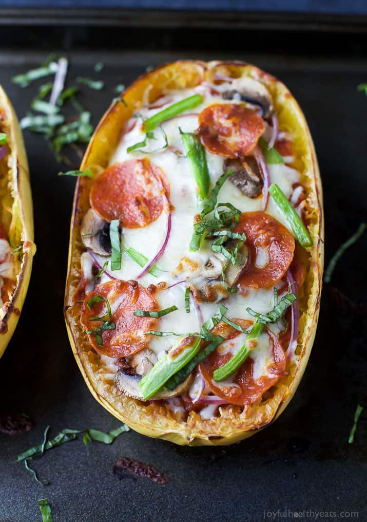 Supreme Pizza Stuffed Spaghetti Squash - the perfect comfort food recipe only 193 calories per serving and loaded with flavor! Pizza never tasted so good AND guilt free! #ad