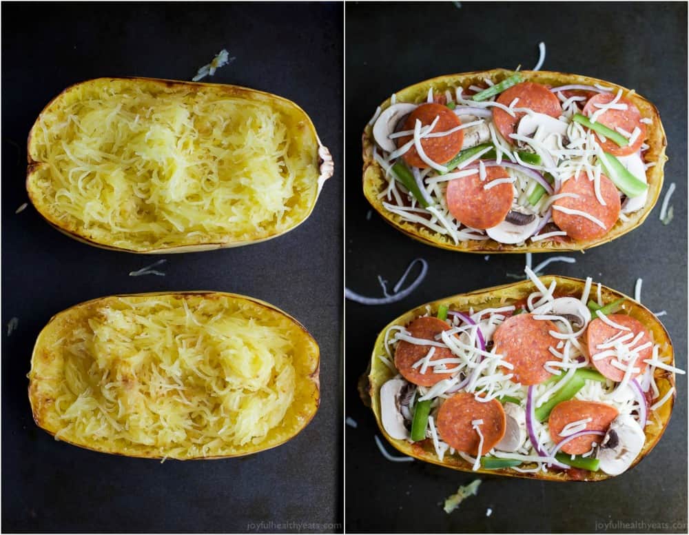 Supreme Pizza Stuffed Spaghetti Squash - the perfect comfort food recipe only 193 calories per serving and loaded with flavor! Pizza never tasted so good AND guilt free! #ad