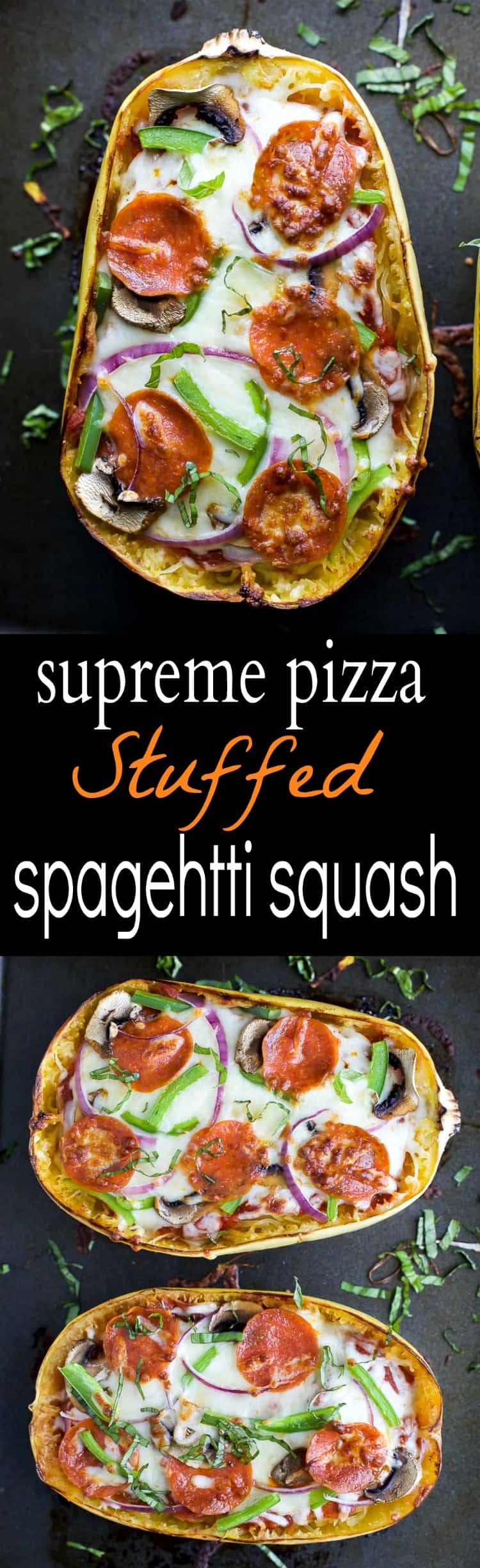 Supreme Pizza Stuffed Spaghetti Squash - the perfect comfort food recipe only 193 calories per serving and loaded with flavor! Pizza never tasted so good AND guilt free! #ad