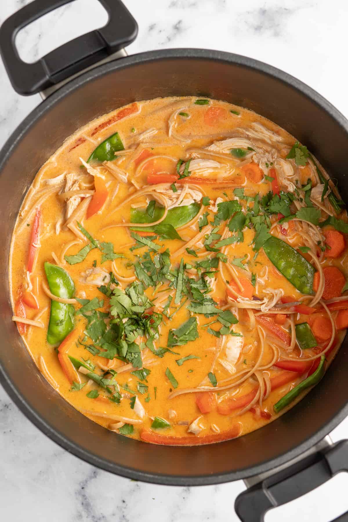 a pot of chicken thai soup with an orange broth, fresh herbs, vegetables, and noodles