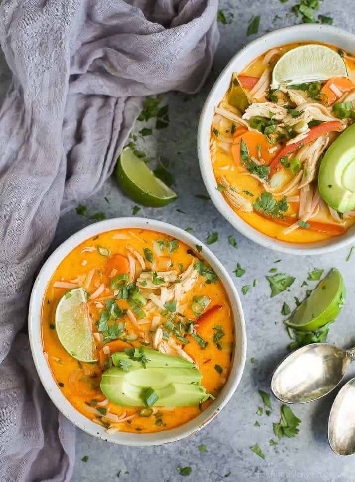 30 Minute Thai Chicken Noodle Soup filled with curry and coconut flavor, chicken, veggies and rice noodles! An epic soup recipe that will soon be your families favorite + it's gluten free!