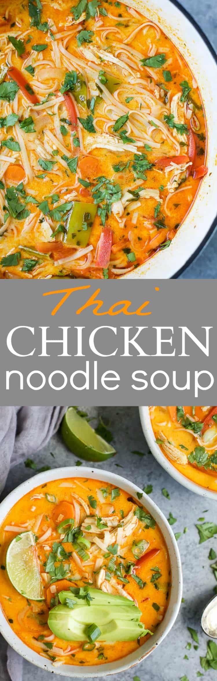 30 Minute Thai Chicken Noodle Soup filled with curry and coconut flavor, chicken, veggies and rice noodles! An epic soup recipe that will soon be your families favorite + it's gluten free!