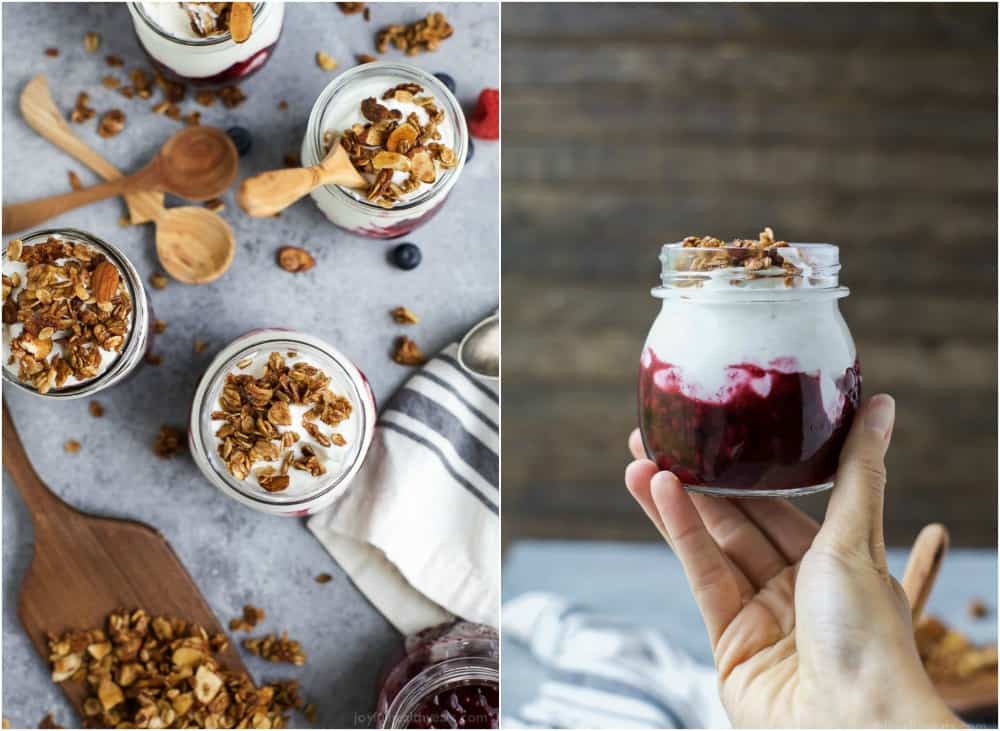 Different angles of jars of Fresh Yogurt Parfait with a Mixed Berry Compote and crunchy vanilla almond granola