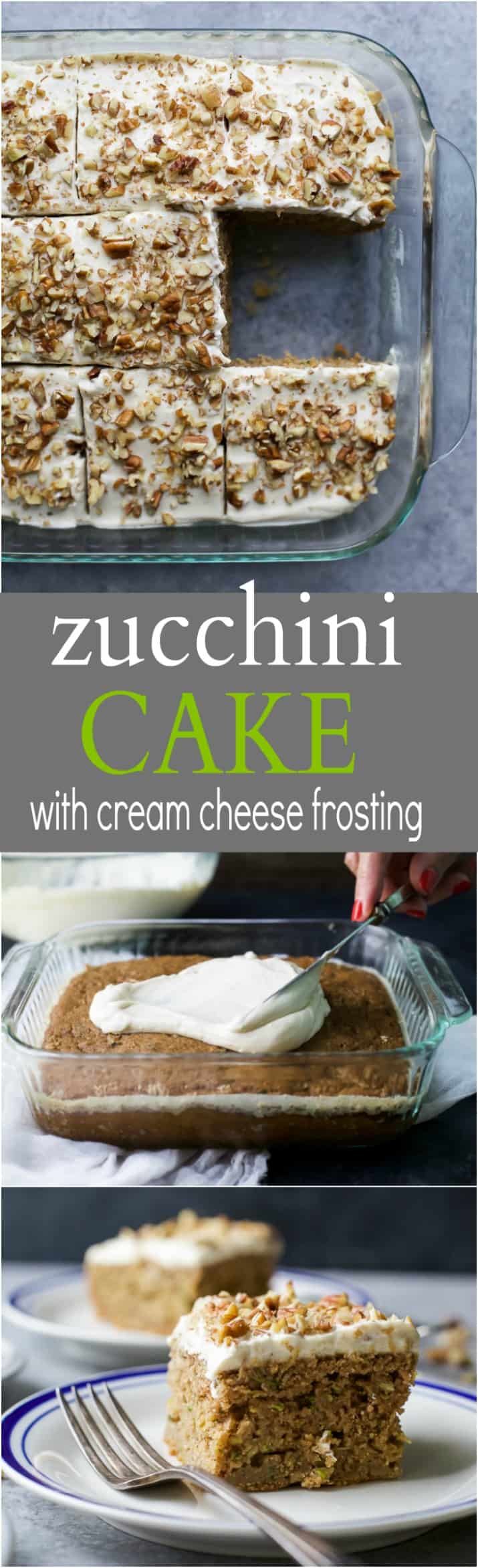 Moist Healthy Zucchini Cake made with applesauce and honey then topped with a light Cream Cheese Frosting! It's the ultimate dessert recipe or late night sweet treat!