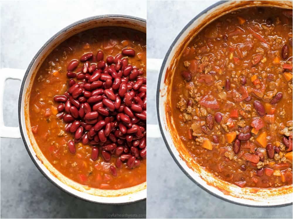 Beef chili in a dutch oven with kidney beans.