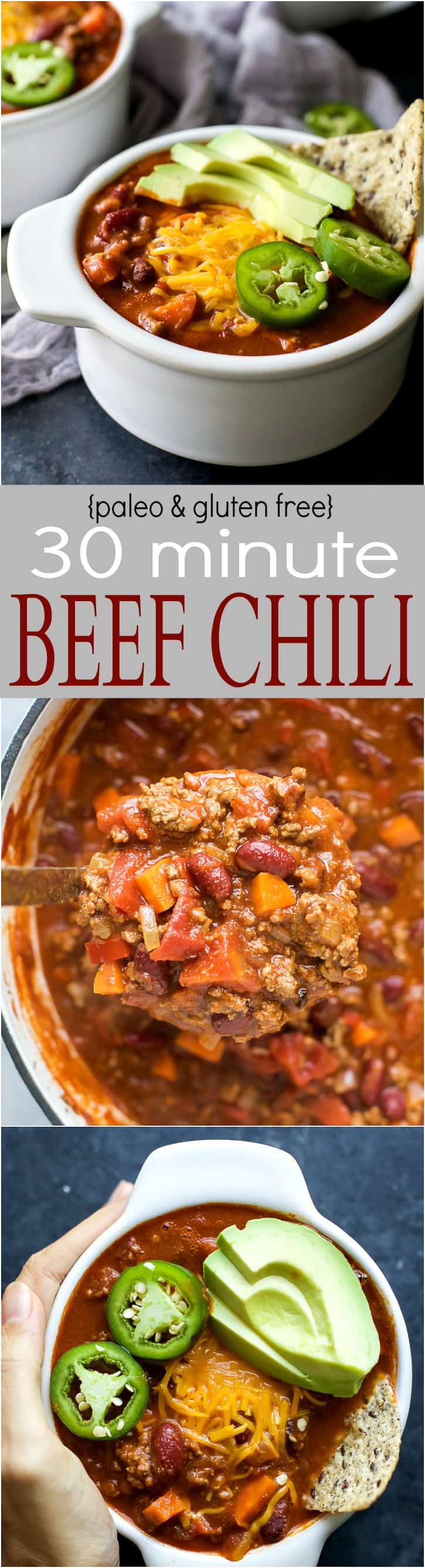 The ULTIMATE 30 Minute Beef Chili Recipe - perfectly spiced for a deep hearty chili taste you'll love. Filled with veggies, ground beef, rich spices, and kidney beans for the best chili bite! {paleo & gluten free}