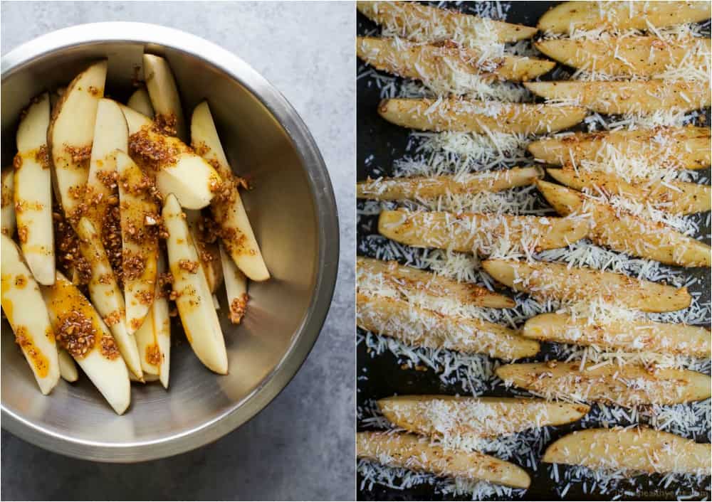 Two images of the steps to prepare Garlic Parmesan seasoned Potato Wedges