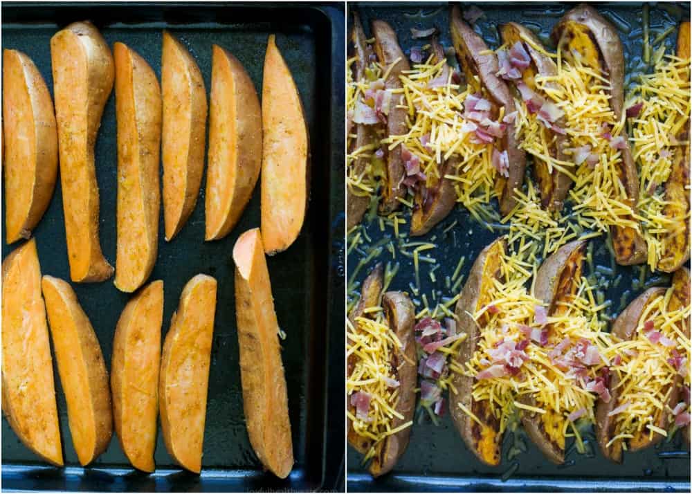 Loaded Sweet Potato Wedges being prepared for baking