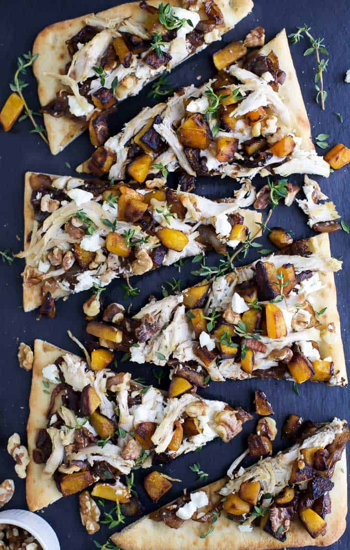 Slices of Butternut Squash Chicken Flatbread Pizza with balsamic caramelized onions and goat cheese