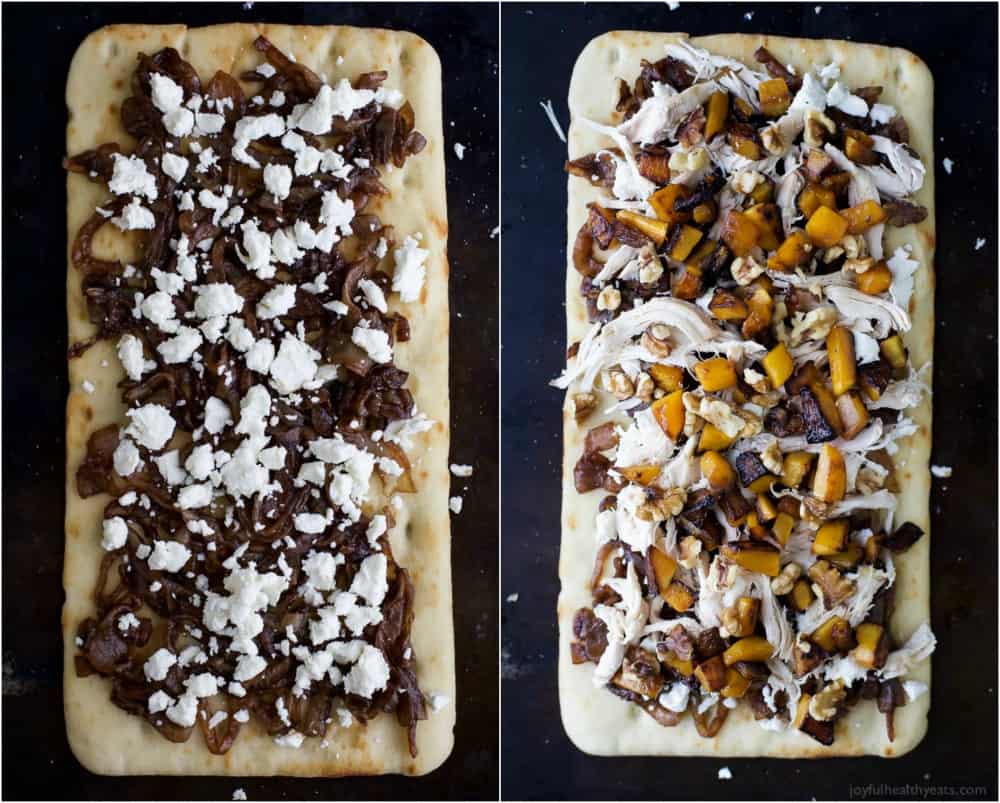 Collage of two images of Butternut Squash Chicken Flatbread Pizza, one with caramelized onions and goat cheese, and one flatbread complete with butternut squash and shredded chicken