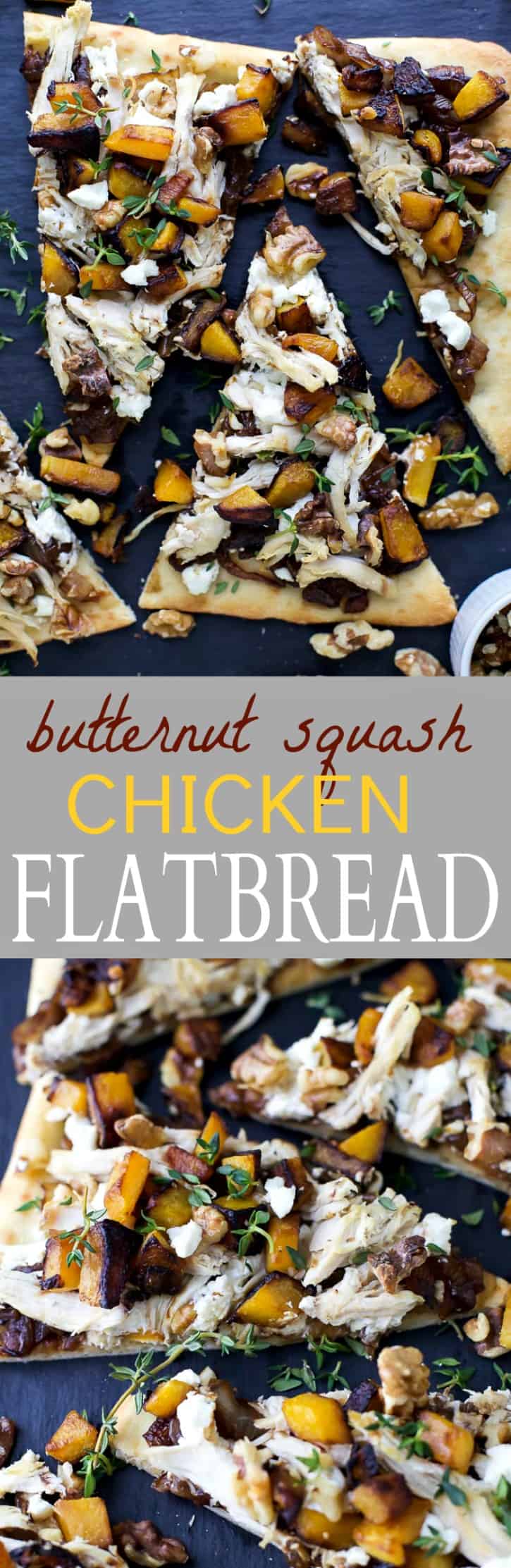 Slices of Butternut Squash Chicken Flatbread Pizza with balsamic caramelized onions and goat cheese and recipe title text for Butternut Squash Chicken Flatbread