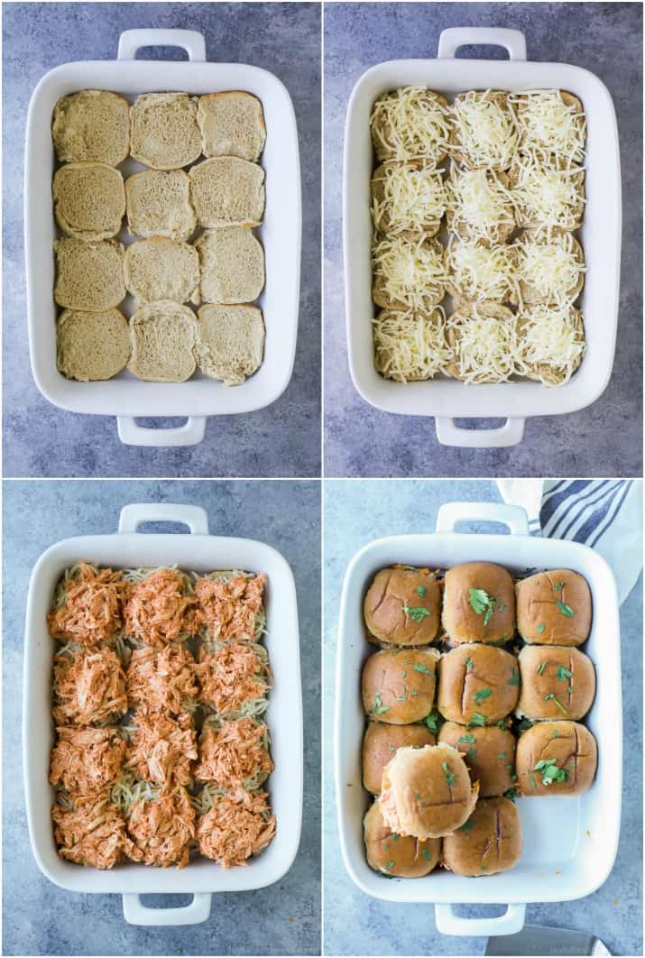 Top view of a baking pan with each of the steps to prepare Baked Buffalo Chicken Sliders