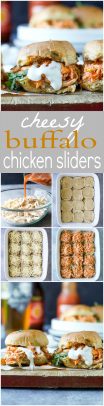 pinterest image for baked buffalo chicken sliders