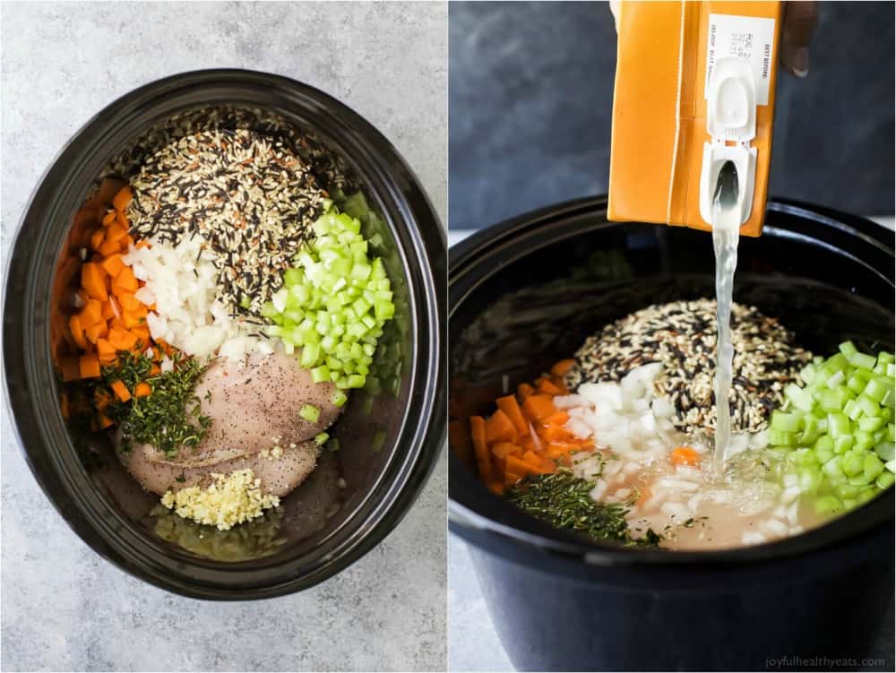 Chicken and Wild Rice Soup ingredients in a crock pot