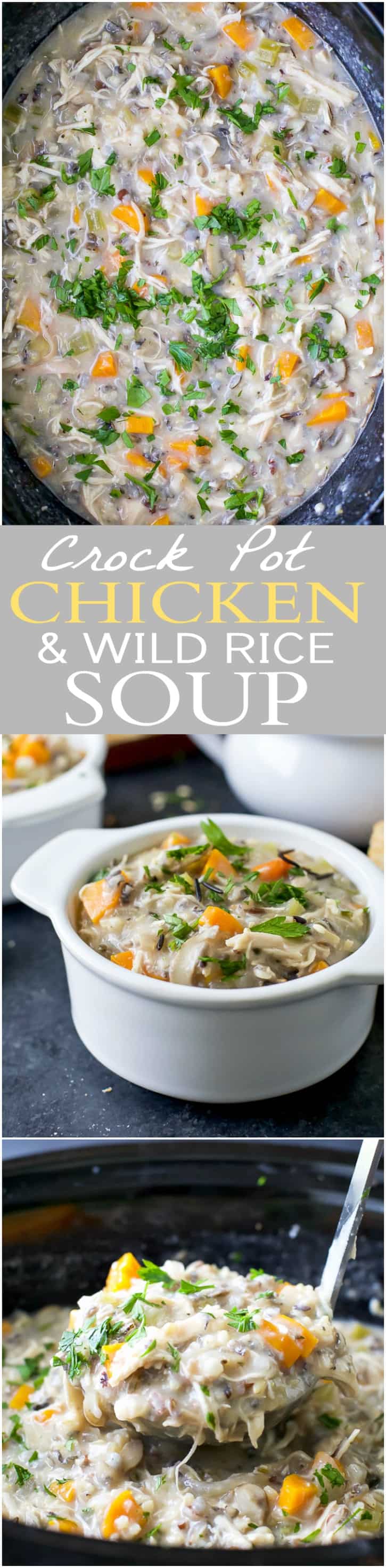 Pinterest collage for Crock Pot Chicken and Wild Rice Soup recipe