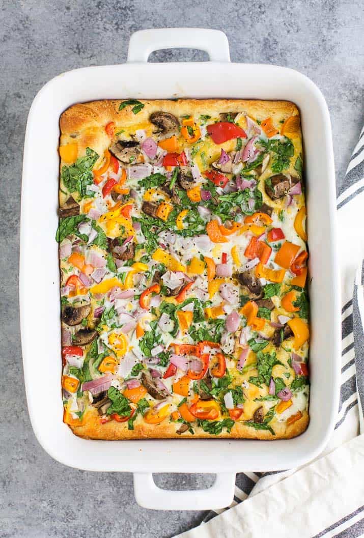 Top view of a Healthy Egg White Vegetable Breakfast Casserole in a baking dish
