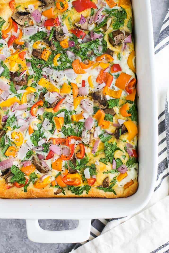 Top view of Egg White Vegetable Breakfast Casserole in a baking dish