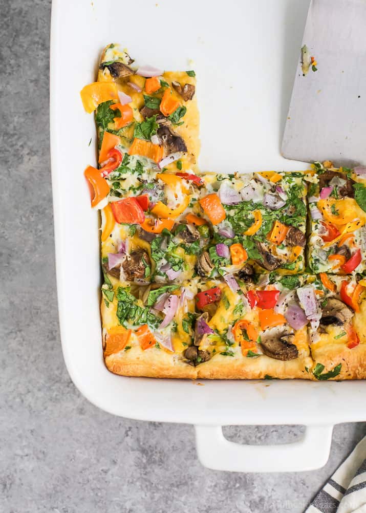 Top view of of an Egg White Vegetable Breakfast Casserole cut Into Squares