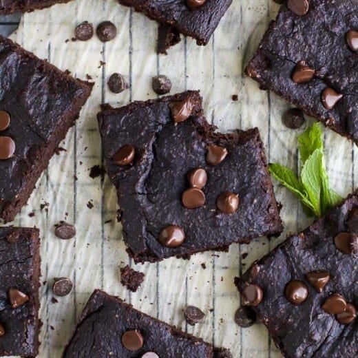 An Overhead Shot of Nine Gluten Free Brownies on a Piece of Parchment Paper