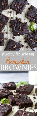 A Collage of Two Images of Flourless Pumpkin Brownies with Chocolate Chips
