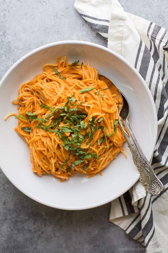 Top view of Gluten Free Pasta with Creamy Roasted Red Pepper Sauce on a plate